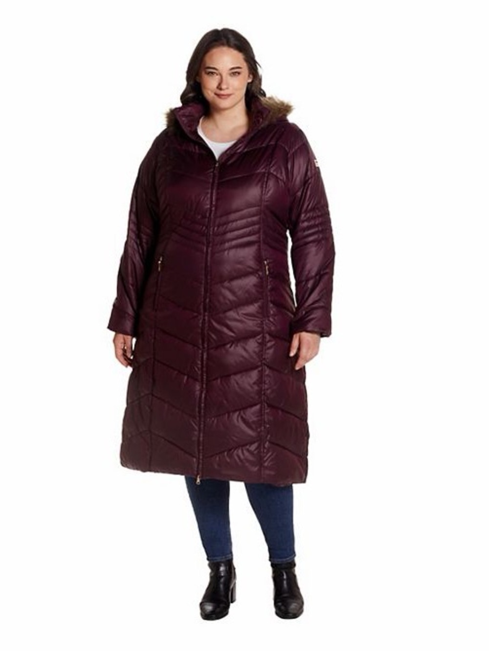 NWT Gallery Heavyweight Quilted Long Puffer Coat Faux Fur Hood Burgundy 1X